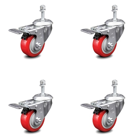 Service Caster 3 Inch Red Polyurethane Swivel 3/8 Inch Stem Caster Set with Total Lock Brake SCC-TSTTL20S314-PPUB-RED-381615-4